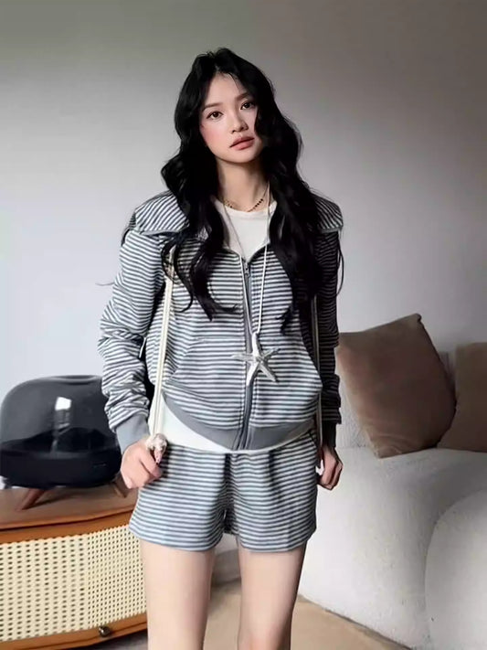 Korean Gray Stripe Loungewear Set Women