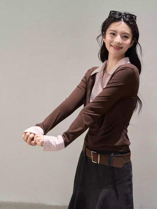 Pink Brown Layered Cardigan Women