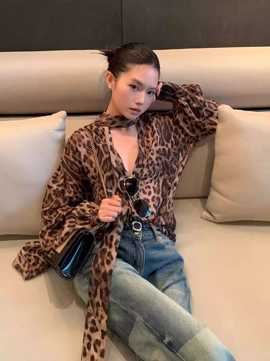 Leopard Ribbon Shirt Women