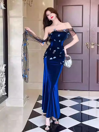 Royal blue strapless 3D butterfly mesh dress