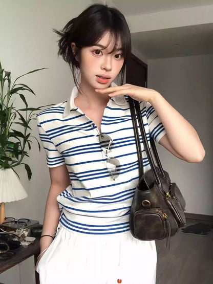 American Smart Striped Polo Tie Short Sleeve T-Shirt