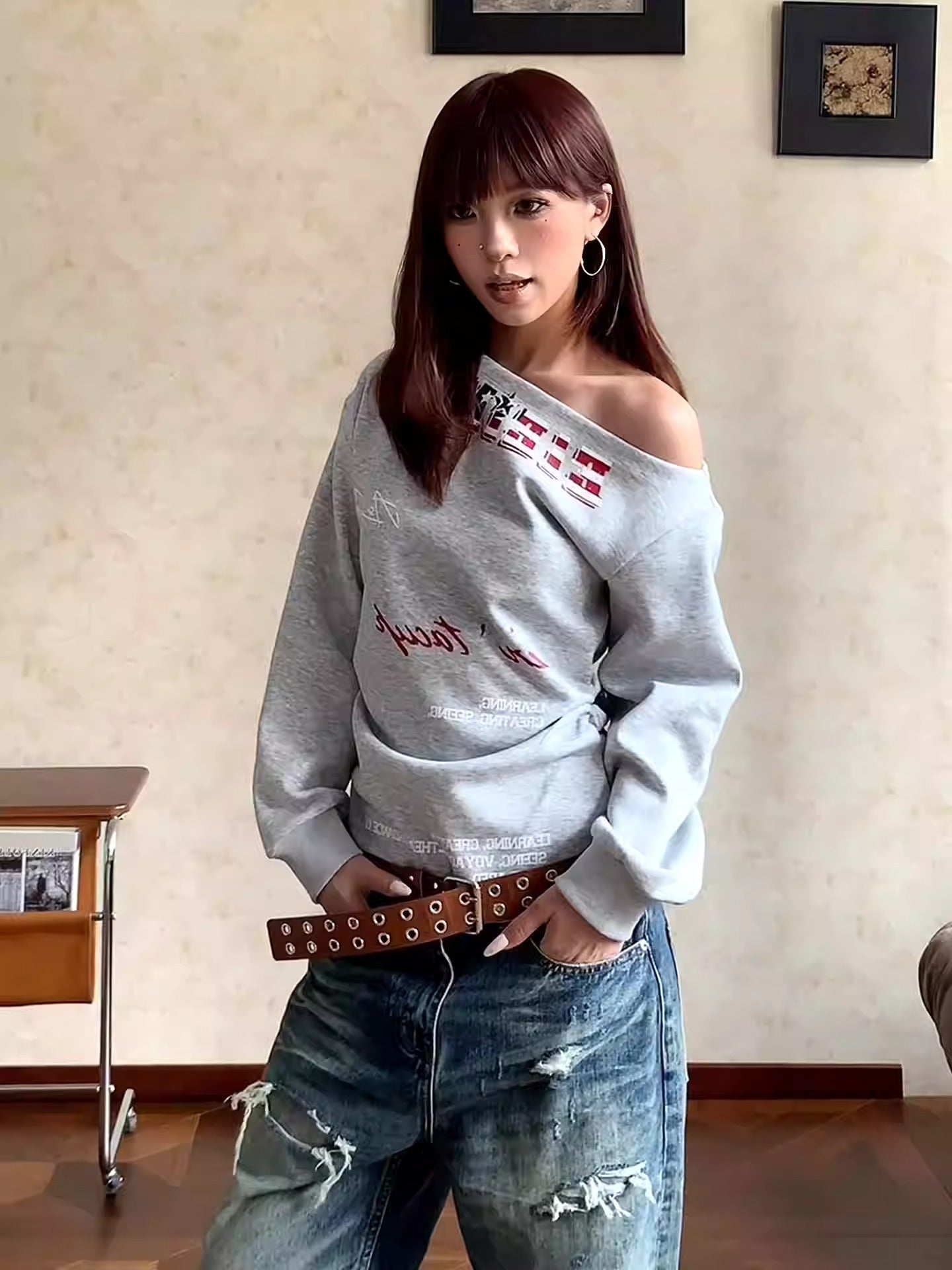 Off Shoulder Letter Hoodie Women