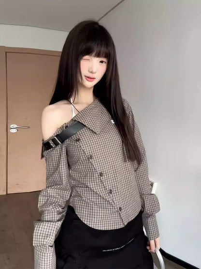 Plaid Off Shoulder Shirt Women