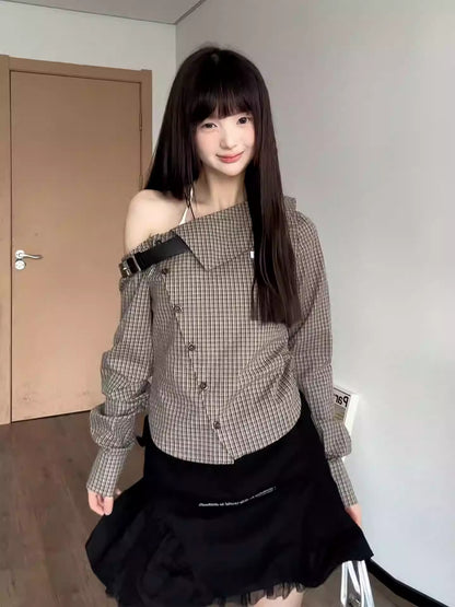 Plaid Off Shoulder Shirt Women