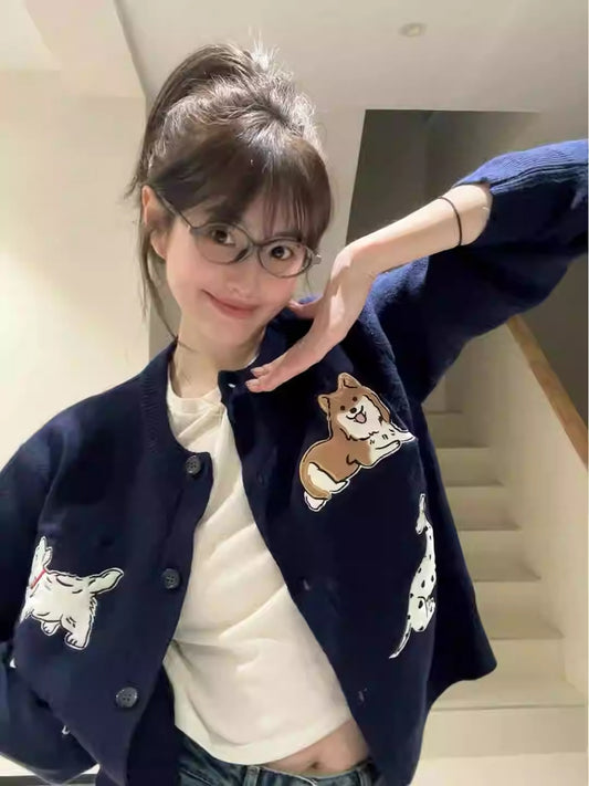 Purple Animal Embroidered Cardigan Women