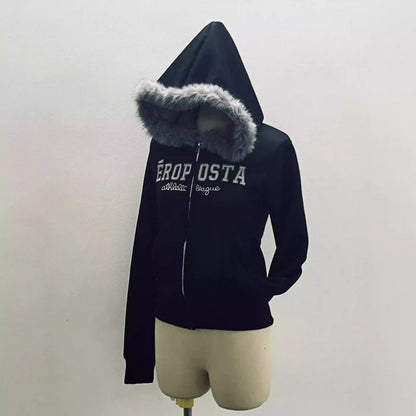 Winter Grey Letter Fur Hoodie Y2K Hoodie