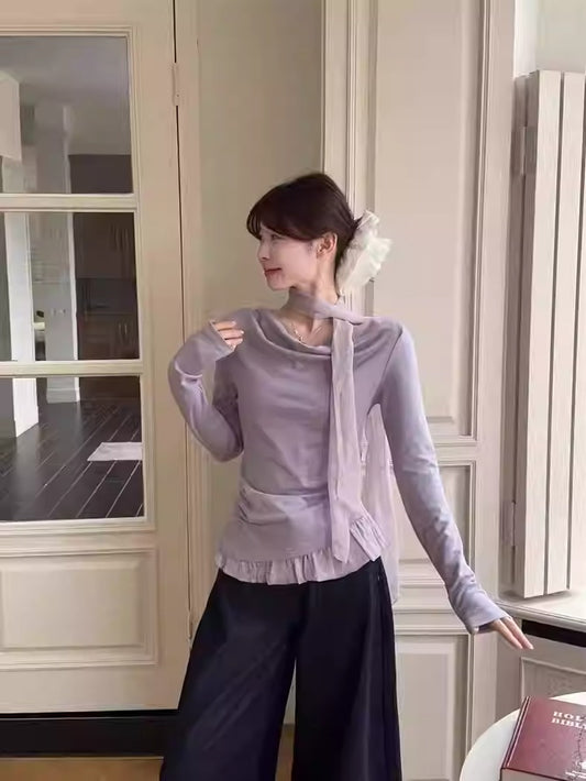 Korean Sweet Drape Neck Ribbon Long Sleeve Top