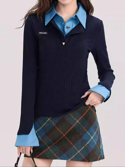 Layered Polo Knit Long Sleeve Tee Women