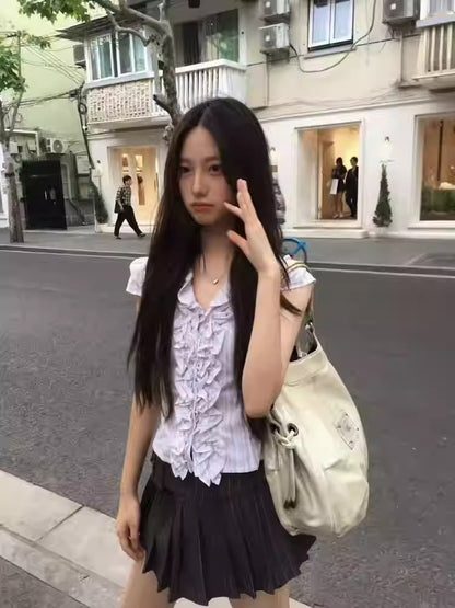 French Striped V-Neck Pleated Sleeve Shirt