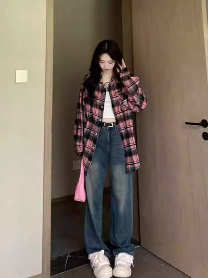 Pink Plaid Embroidered Shirt Women