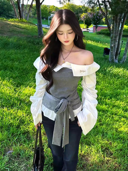 Off Shoulder Contrast Shirt Women