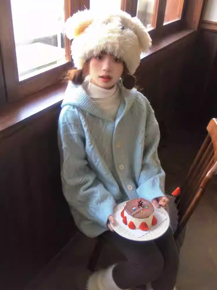 Blue Hooded Knit Cardigan Women