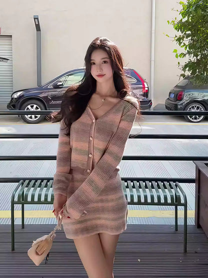 Pink Striped Knitted Two Piece Set Women Autumn