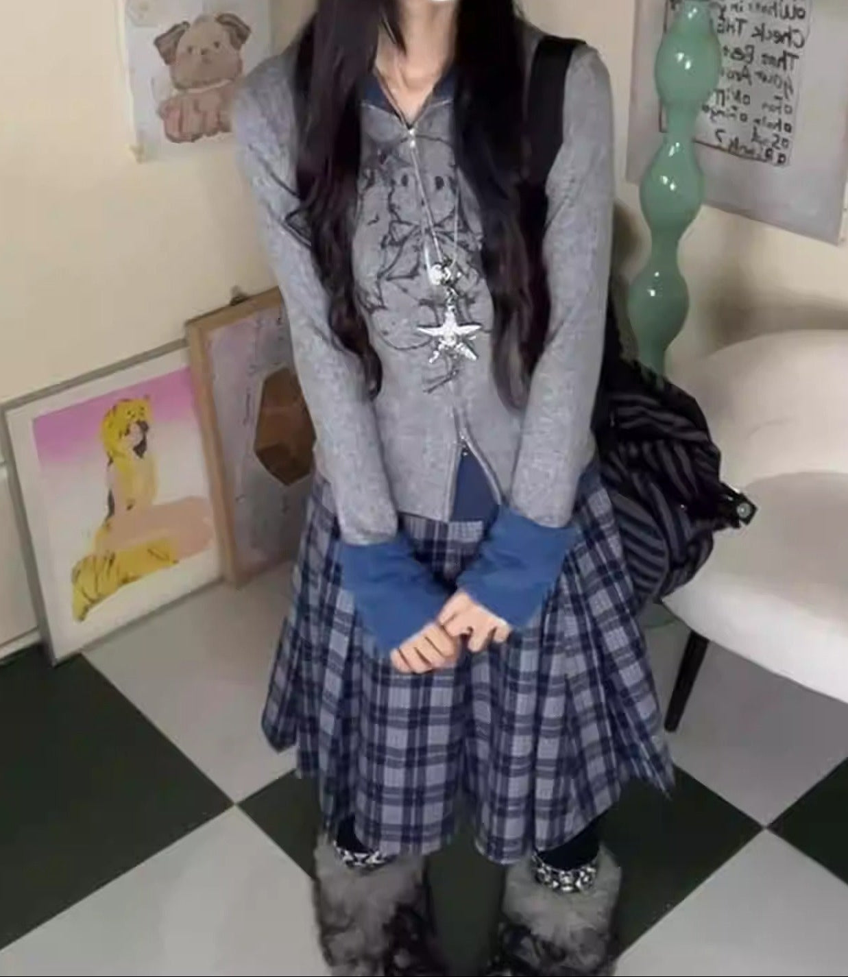 Zip High Neck Knit Top with Fur Collar Women