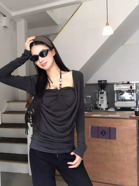 Korean Halter Two-Piece Long Sleeve Tee Women