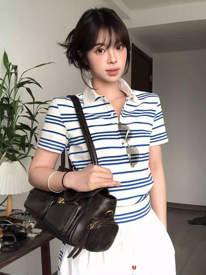 American Smart Striped Polo Tie Short Sleeve T-Shirt