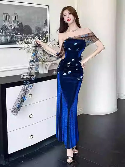 Royal blue strapless 3D butterfly mesh dress