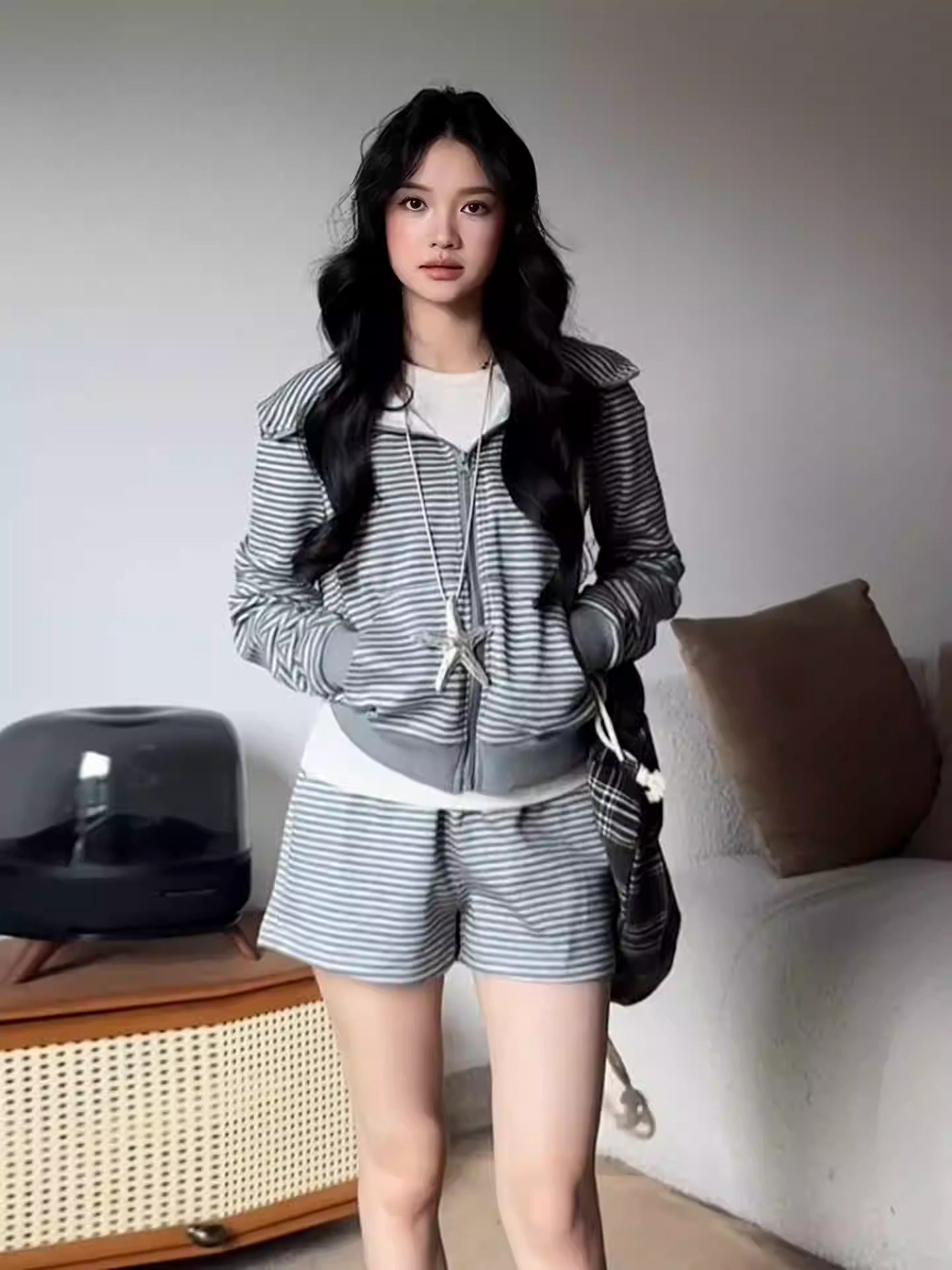 Korean Gray Stripe Loungewear Set Women