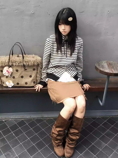 Retro Stand Collar Zip Hoodie Women