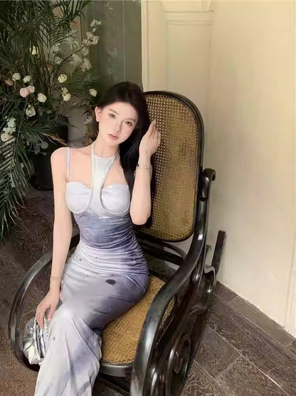 Elegant Hollow Halter Tie-Dye Bodycon Maxi Dress