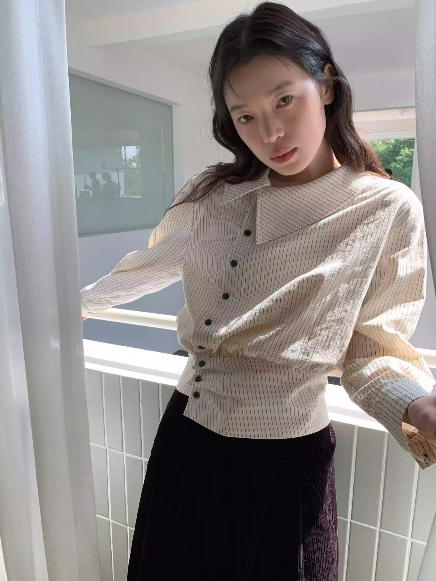 Striped Irregular Hem Shirt Women