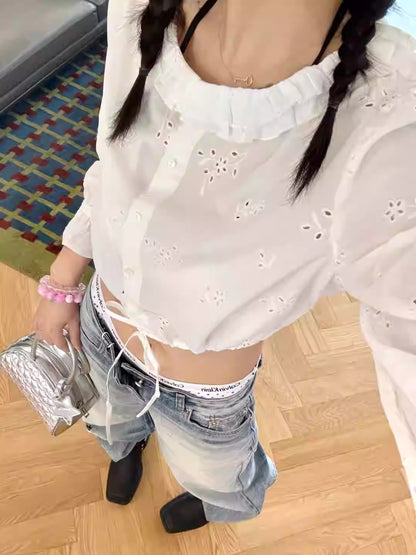 White Hollow Embroidered Long Sleeve Shirt