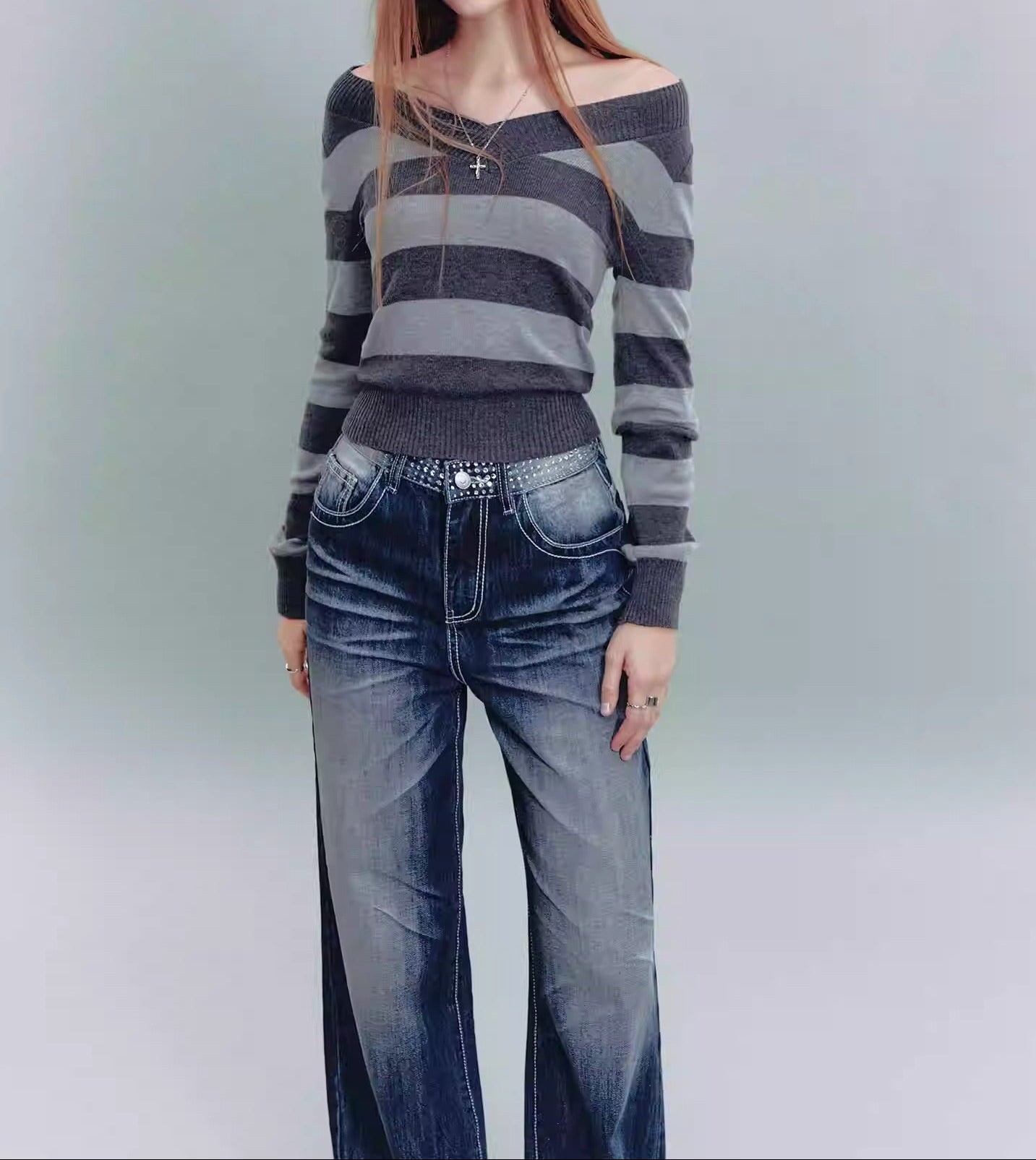 Retro V-Neck Striped Sweater Women Slim Fit