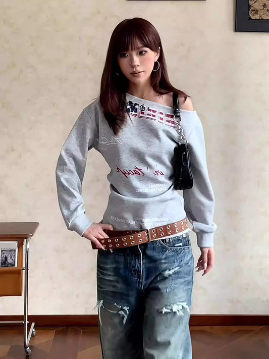 Off Shoulder Letter Hoodie Women