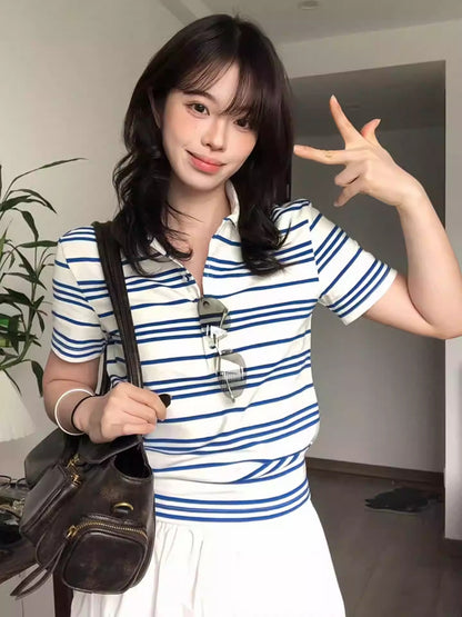 American Smart Striped Polo Tie Short Sleeve T-Shirt
