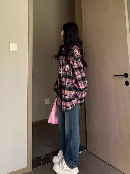 Pink Plaid Embroidered Shirt Women