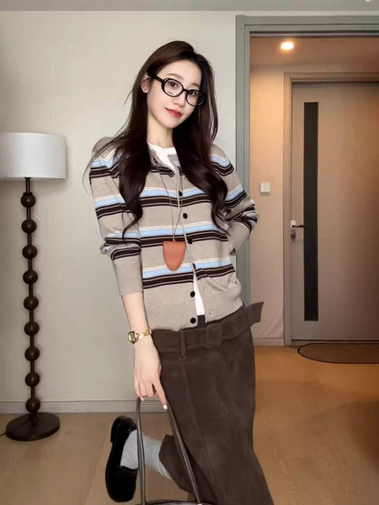 Color Stripe Knit Cardigan Women