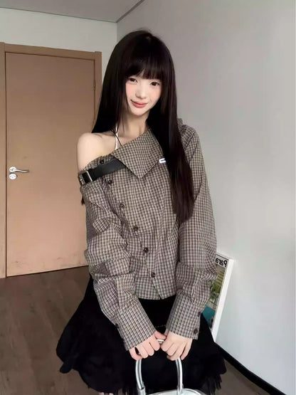 Plaid Off Shoulder Shirt Women