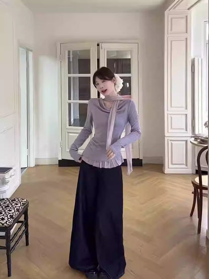 Korean Sweet Drape Neck Ribbon Long Sleeve Top