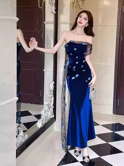 Royal blue strapless 3D butterfly mesh dress