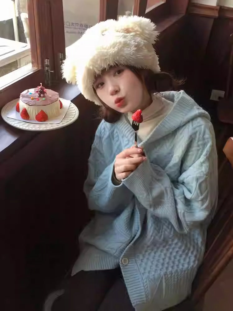 Blue Hooded Knit Cardigan Women