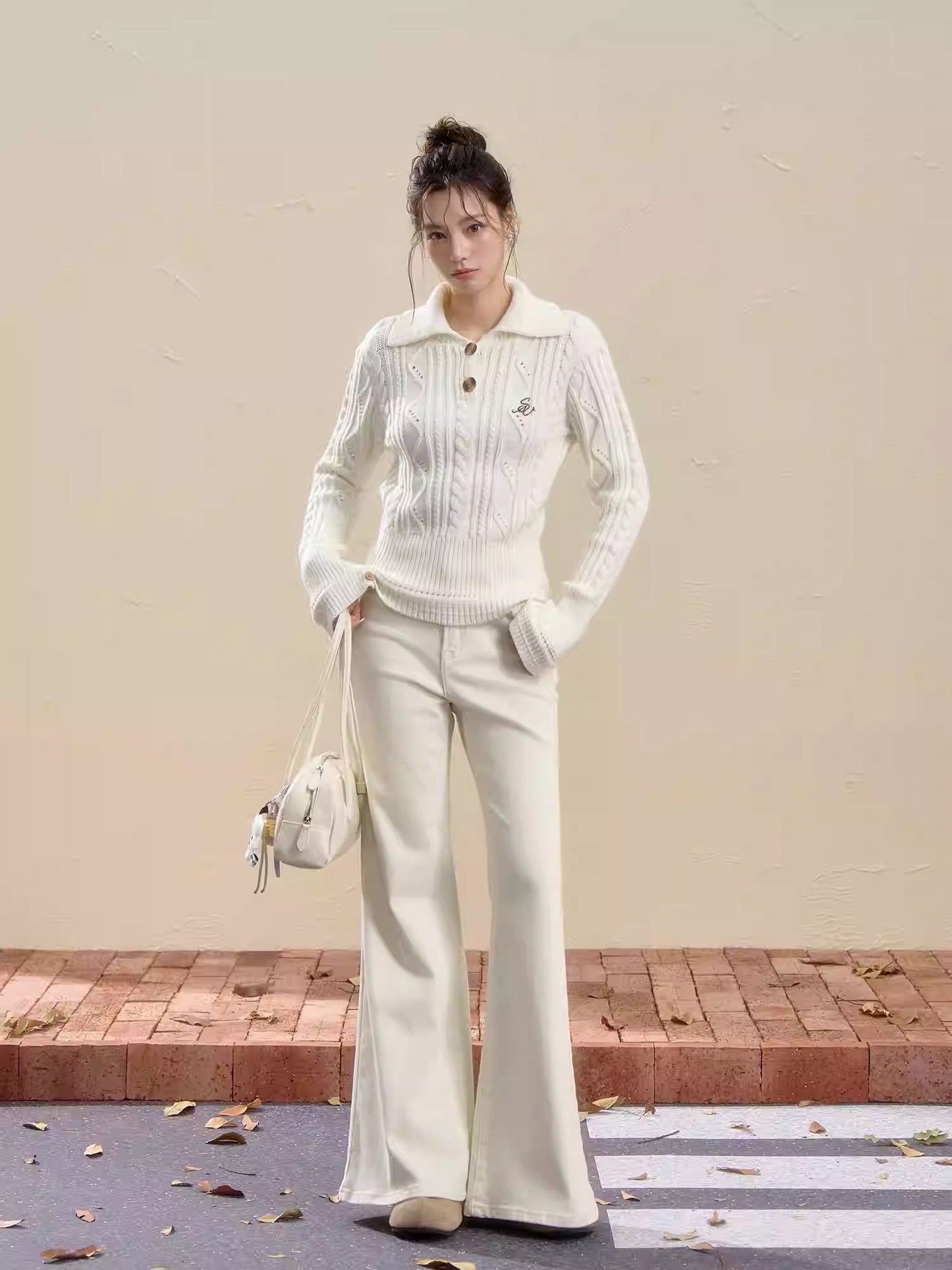 White Embroidered Cable Knit Sweater Women