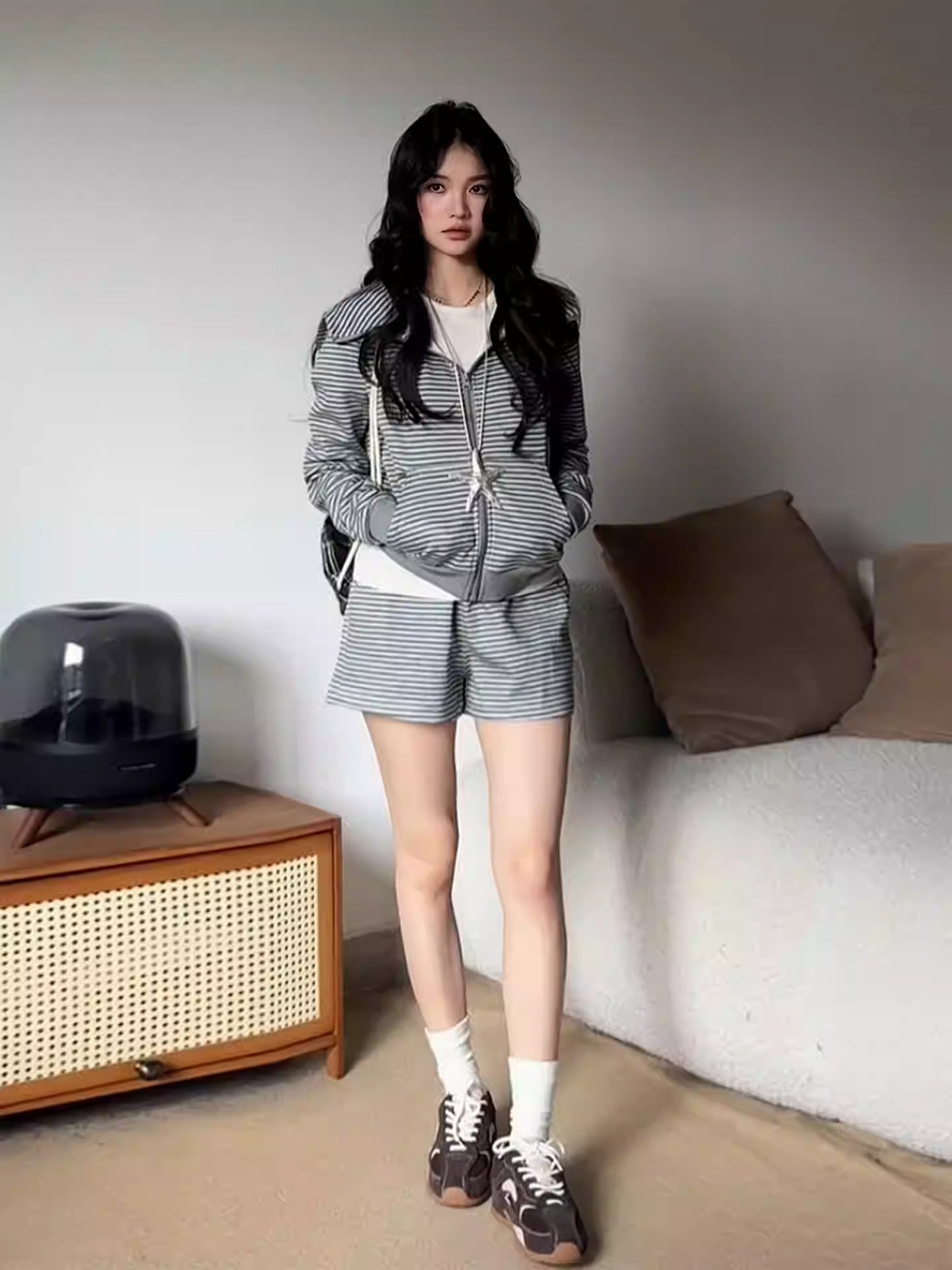 Korean Gray Stripe Loungewear Set Women