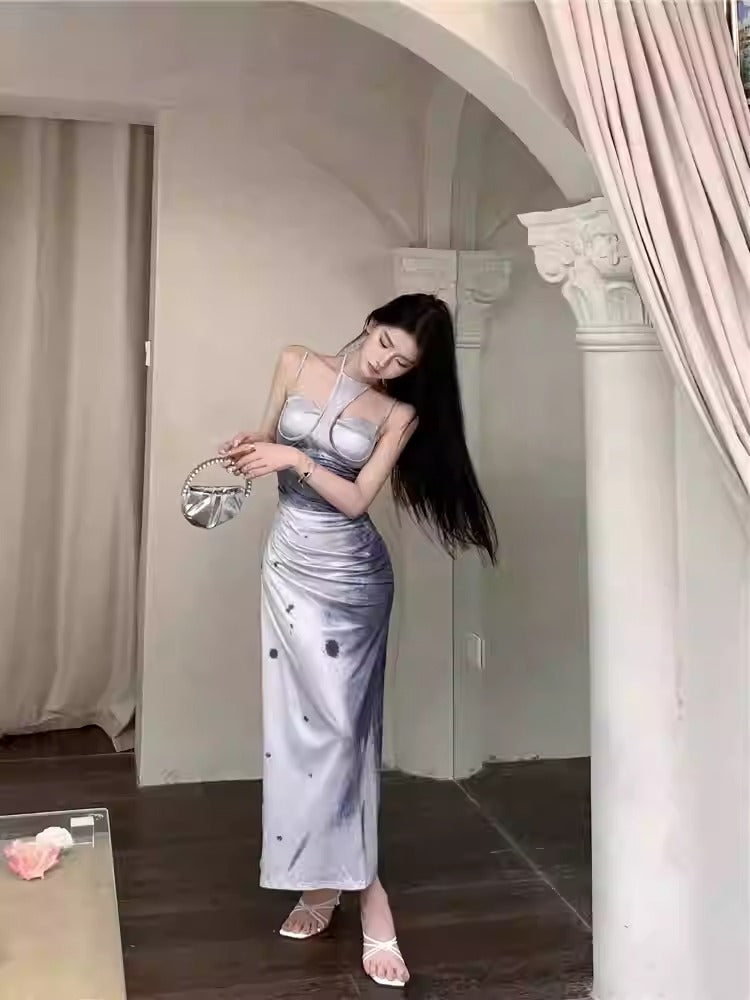 Elegant Hollow Halter Tie-Dye Bodycon Maxi Dress