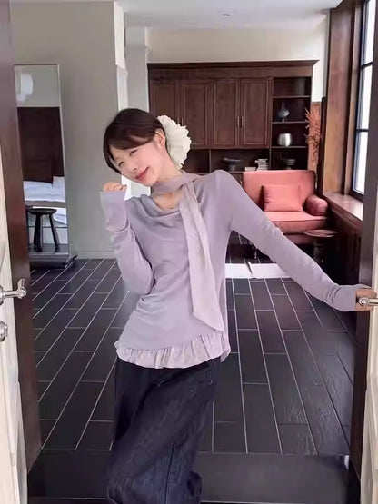 Korean Sweet Drape Neck Ribbon Long Sleeve Top
