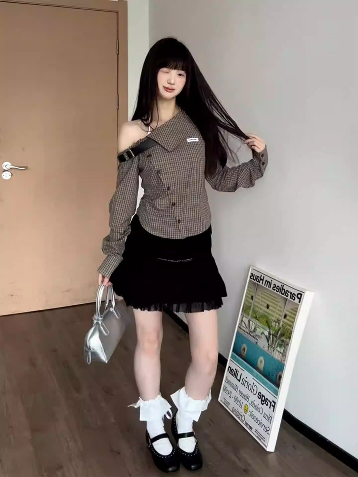 Plaid Off Shoulder Shirt Women