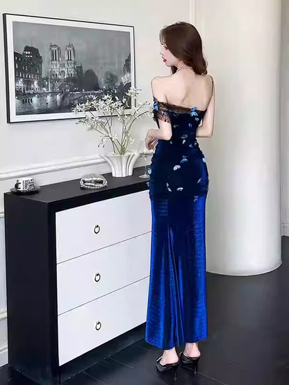 Royal blue strapless 3D butterfly mesh dress