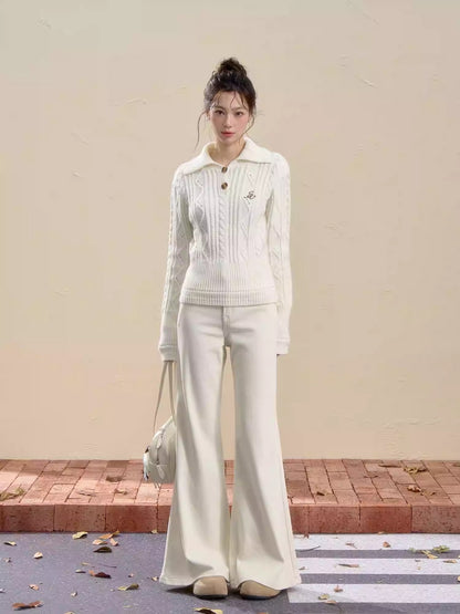 White Embroidered Cable Knit Sweater Women