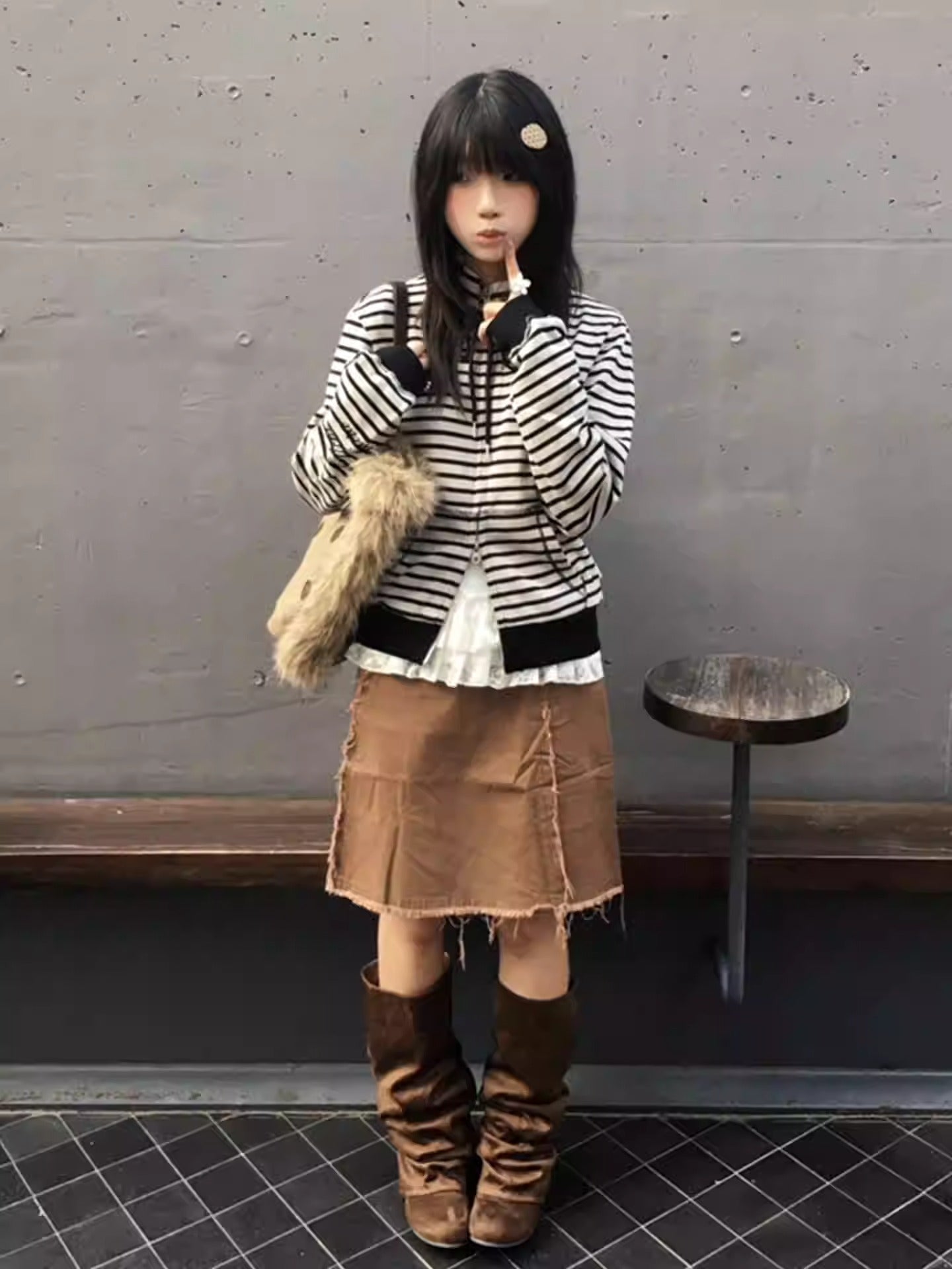 Retro Stand Collar Zip Hoodie Women