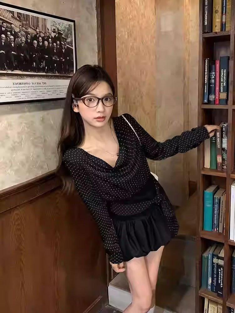 Polka Dot Cowl Neck Bow Shirt Women