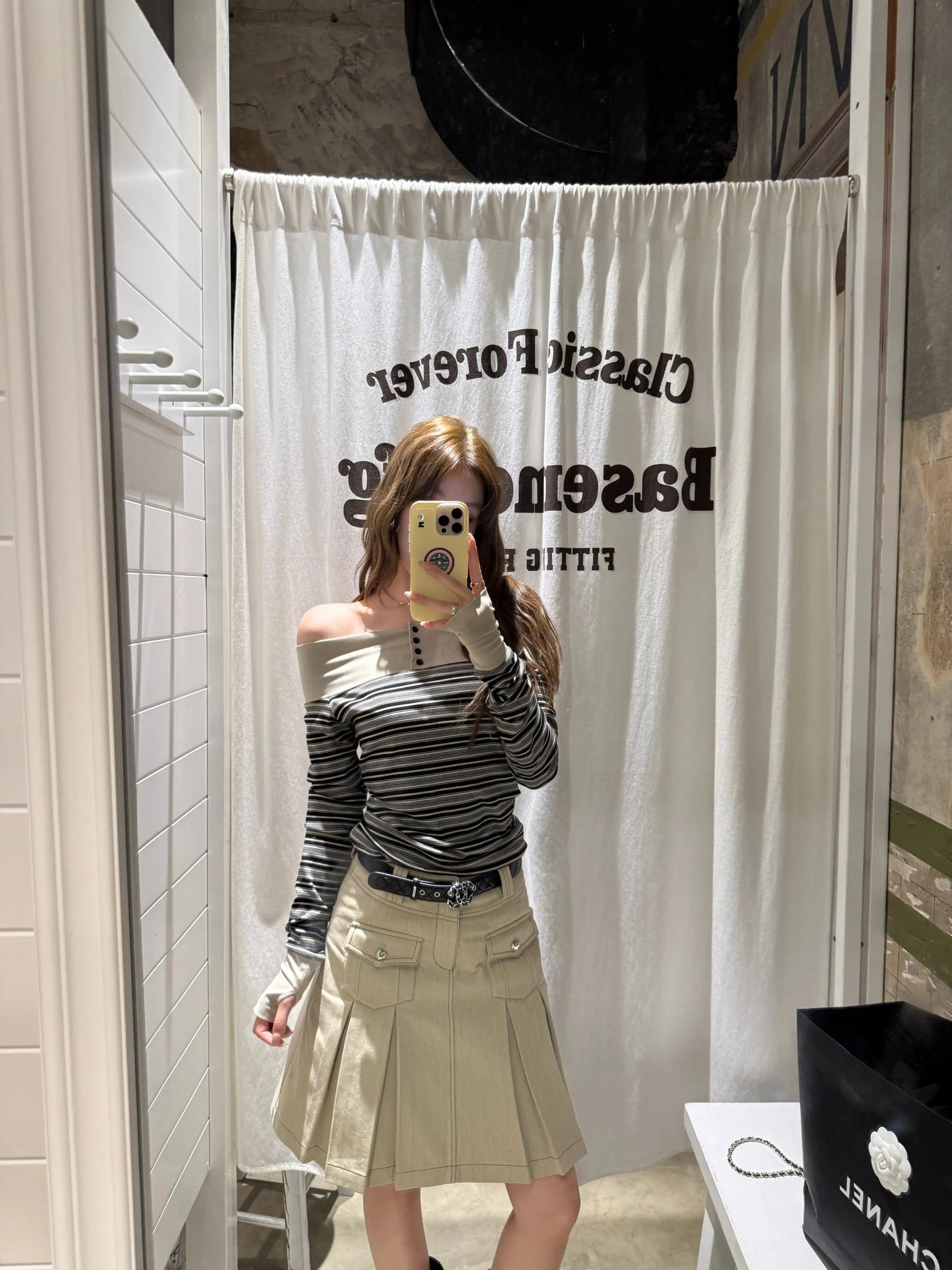 Korean Off-Shoulder Striped Long Sleeve Top