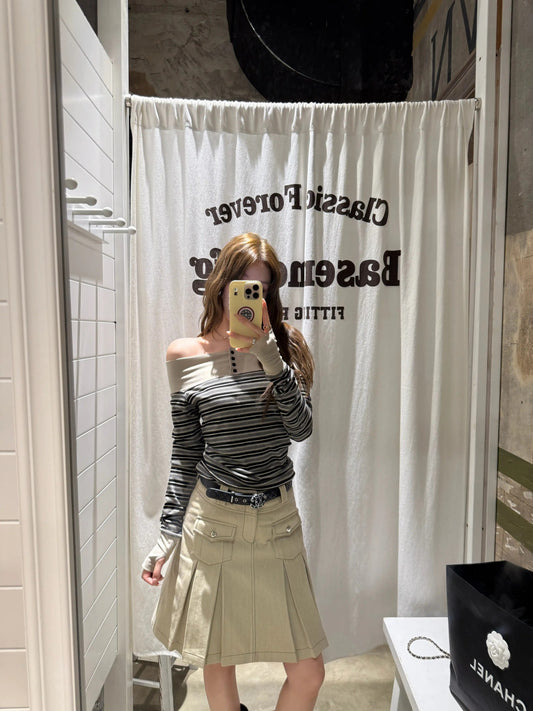 Korean Off-Shoulder Striped Long Sleeve Top