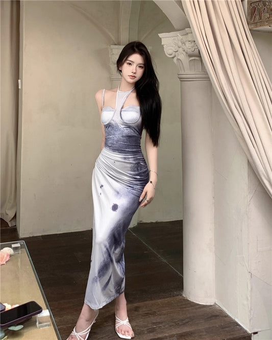 Elegant Hollow Halter Tie-Dye Bodycon Maxi Dress