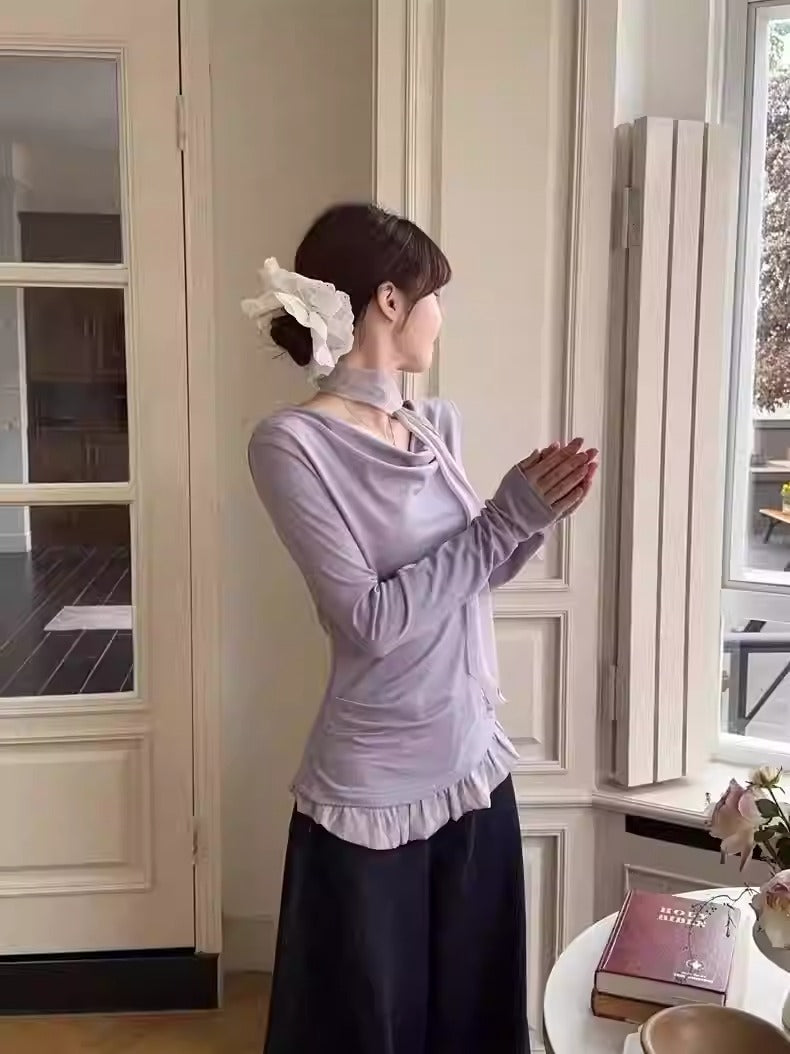 Korean Sweet Drape Neck Ribbon Long Sleeve Top