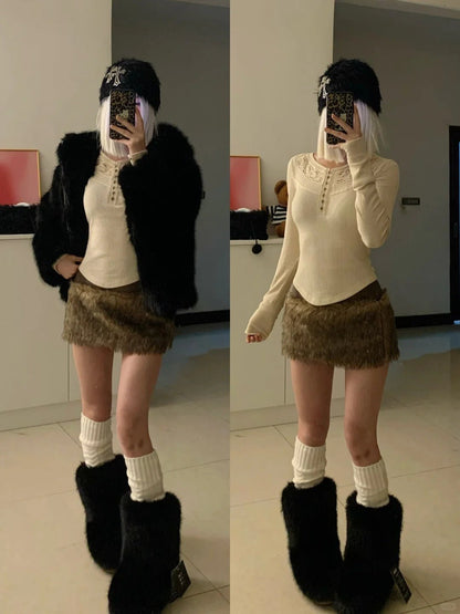 Ivory Lace Long Sleeve Top with Brown Fur Skirt and Black Fur Coat Y2K Outfit - tutufox - 