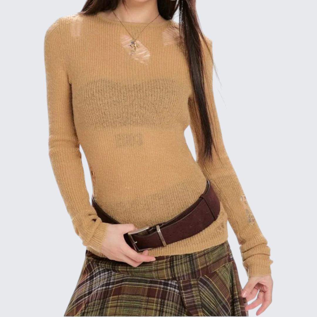 Khaki Frosted Ripped Knitted Sweater - Spring & Autumn